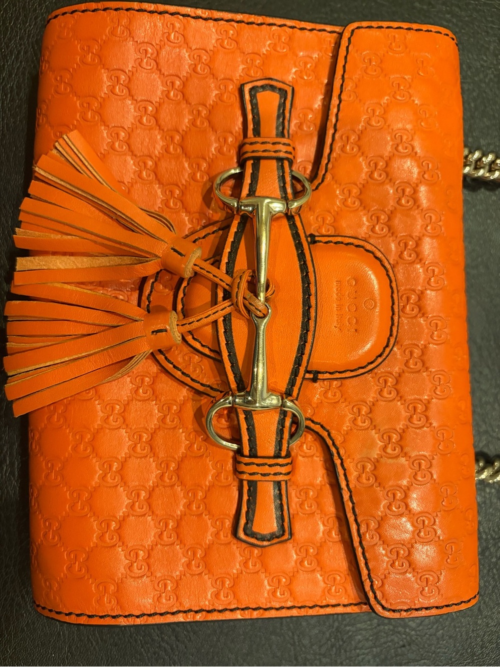 Vintage Gucci Orange Leather Monogrammed/Emblam Mini Bag with Horsebit Tassels - Picture 11 of 16